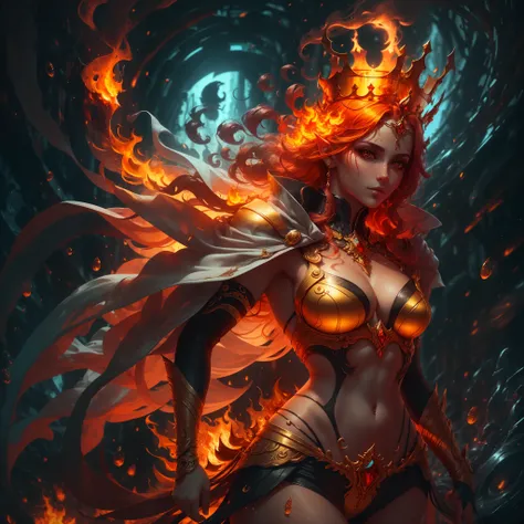 An underworld demon with red skin and golden hair, with a fiery crown with silver details in high resolution, she has a black syrup and a thin waist., ela usa colares de ouro e diamante roupa amarela radiante detalhado imagem super detalhad, In the backgro...