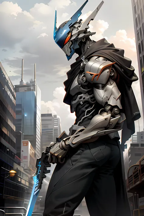 sky, cloud, holding_weapon, no_humans, glowing, , robot in spider man outfit , building, glowing_eyes, mecha, science_fiction, city, realistic,mecha