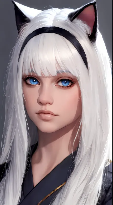 light white hair, blunt bangs, asymmetrical hair, hair behind ear, long hair, wavy hair, blue eyes, cat pupils, eyebrows behind ...