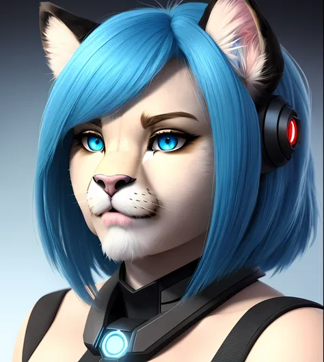 female, lion head,blue eye,(furry:1.5), snout, portrait, scifi, futuristic, cgi, realism, hair,