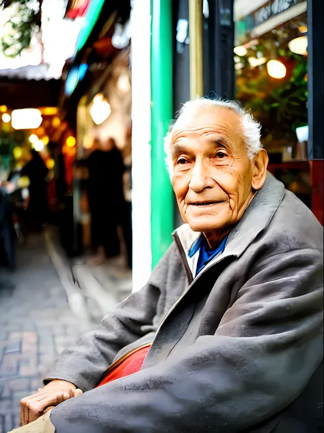 foto raw, a synpathic old fashionable man sitting in front of a café (pele altamente detalhada: 1.2), 8k uhd, dslr, soft-lightin...