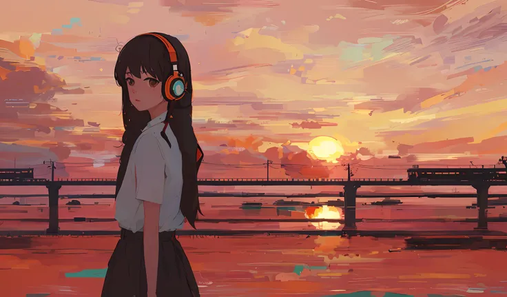 anime girl with headphones standing in front of sunset, lofi-girl, gazing at the sunset. anime, lofi artstyle, lofi art, lofi co...