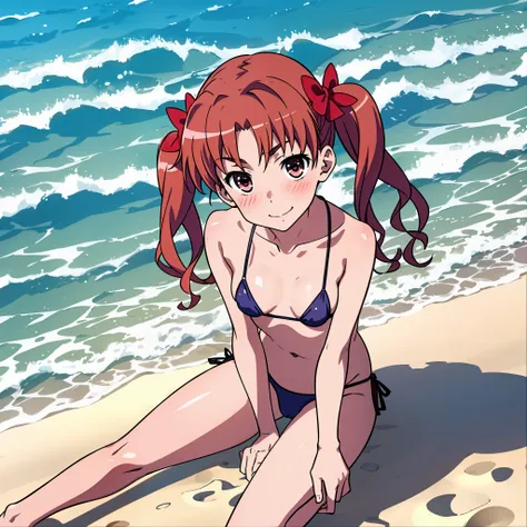 shirai_kuroko, beach, micro_bikini, cute, blushing, smiling, sitting in the sand, medium_breasts, solo