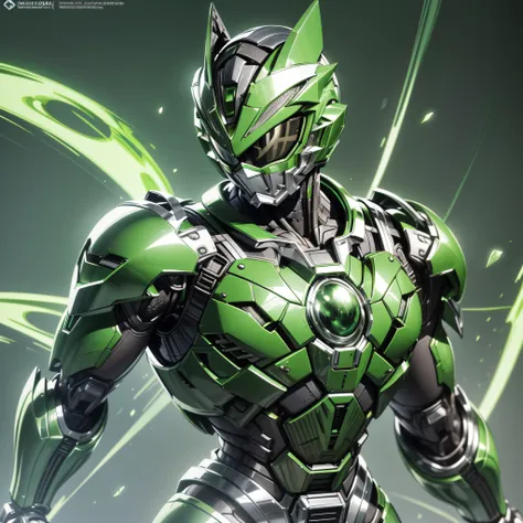 handsome man, made of green metal, (green cyborg: 1.1), (((green power ranger's style helmet with chrome face plate))), ([tail |...