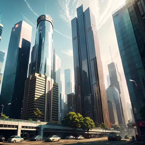 cars are driving down a city street in the daytime, 3 d render beeple, highly realistic concept art, futuristic city street, hyper realistic cyberpunk city, cinematic beeple, photorealistic concept art, beeple rendering, photorrealistic concept art, hyperr...