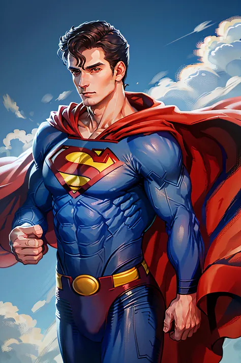 image of Young Man, 40s, Very Handsome, Wearing Superman Suit, (Best Quality: 1.3), (Masterpiece 1.3), Artwork of Superman 1.3, Realistic, Detailed: 1.1 The artwork must be highly detailed and accurately portray the character of Superman, with his blue and...