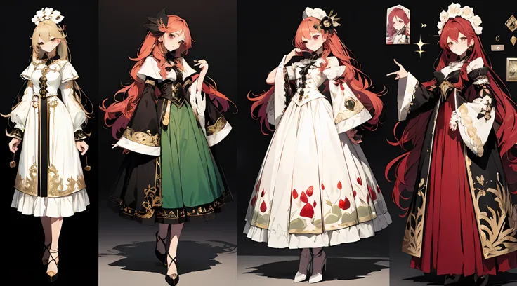 three-view of roles，character  design，character design，three view，full bodyesbian，frontage，lateral face，on  back，set，lolita pros...