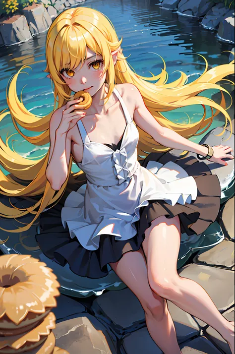 1girl in, solo, female, (oshino_shinobu),(blonde) (blonde_hair), (yellow_hair), ((long_hair)), ((bangs)), (yellow_eyes), blush, ...