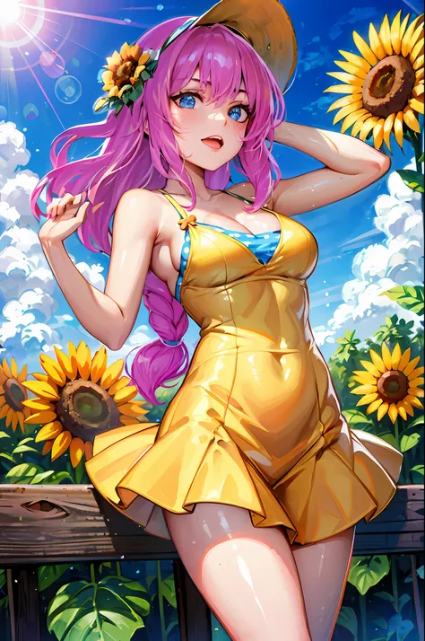 (best quality:1.1), (master part:1.4), (absurdos:1.0), (hiper-detalhado:0.5),
1girl, sozinho, blue summer dress, (Polka dot pattern:1.4), straw hat, Standing, (Campo de girassol alto:0.85), (raio de sol:1.2), blonde hair, olhos azuis, sorrir, Olhando para...