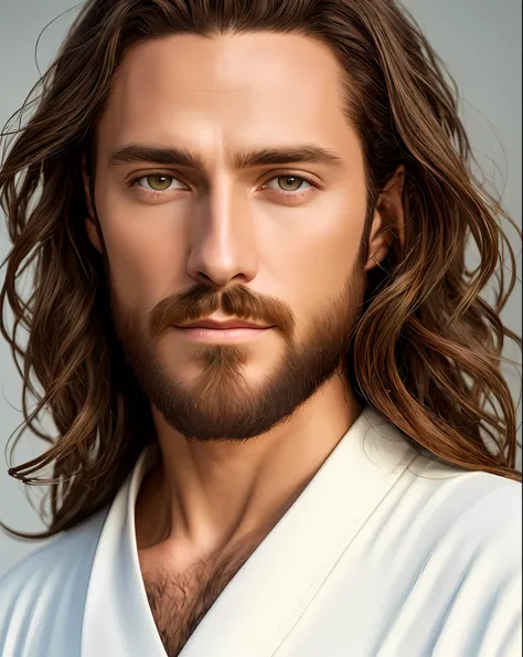 (symmetry),centered,a ((close)) up portrait,(jesus),a very thin white man with long hair and a beard,wearing a long white robe,3...