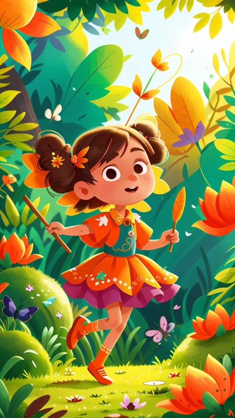Beautiful little fairy, wearing a lovely orange dress, full of energy, wings, beautiful wings, holding a magic wand, flying at sunset, in the middle of the colorful enchanted forest, with beautiful wings on her back, surrounded by much happiness and good t...