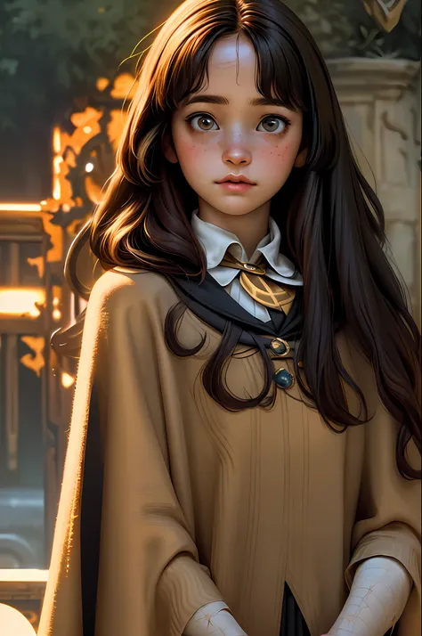 (best quality, masterpiece), 1girl, curly hair, hermione granger, freckles, bangs, harry potter \(series\), cape, looking at vie...