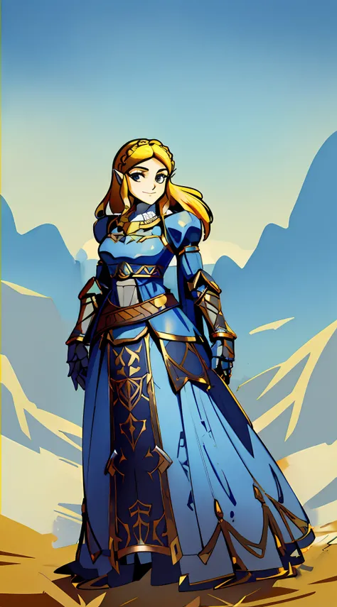 Botw Zelda wearing Heavy knight armor, Botw Themed Knight armor, Royal blue and gold body armor, thick armor plating, Gold accents with brown straps, brown belt with gold accents, Heavy Blue armor, Armored dress, Large knight armor, form-fitting knight arm...