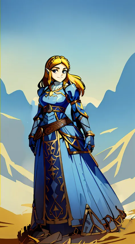 Botw Zelda wearing Heavy knight armor, Botw Themed Knight armor, Royal blue and gold body armor, thick armor plating, Gold accents with brown straps, brown belt with gold accents, Heavy Blue armor, Armored dress, Large knight armor, form-fitting knight arm...