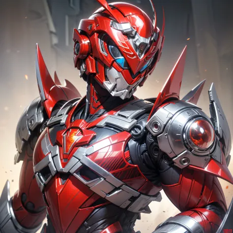 handsome man, made of red metal, (red cyborg: 1.1), (((red power ranger's style helmet with chrome face plate))), ([tail | detai...