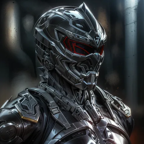 half body image, handsome man, made of black metal, (black cyborg: 1.1), (((black power ranger's style helmet with chrome face p...