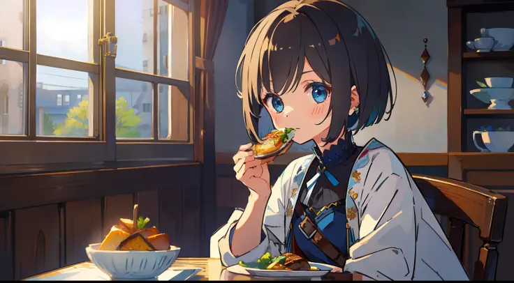 One girl、battle garments、A dark-haired、masterpiece、Top image quality、top-quality、cute little、Dining、eats、bob cuts、Straight face、blue eyess、