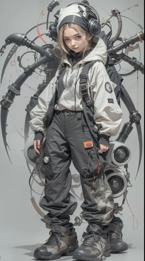 1cute girl with techwear clothes, mechanic spider, circles, fractals, by yoshitaka amano