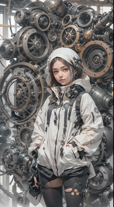 1cute girl with techwear clothes, mechanic spider, circles, fractals, by yoshitaka amano