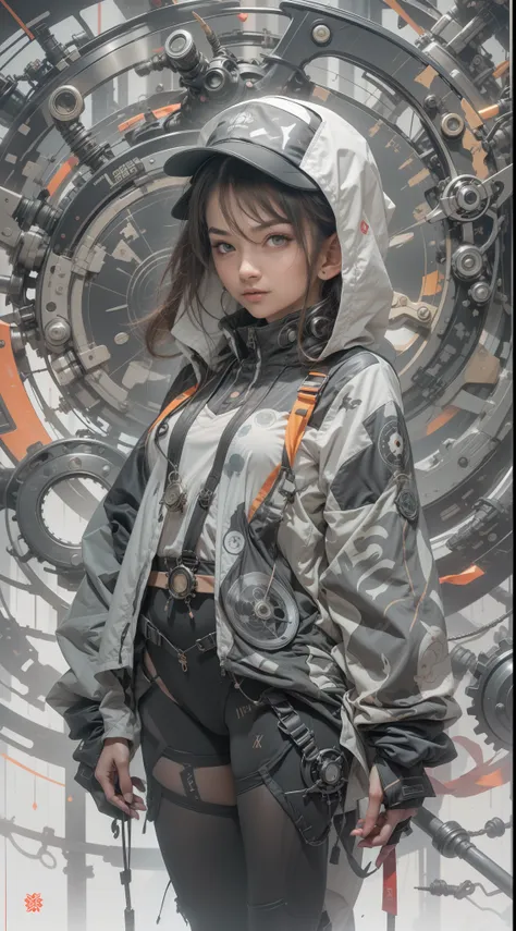 1cute girl with techwear clothes, mechanic spider, circles, fractals, by yoshitaka amano