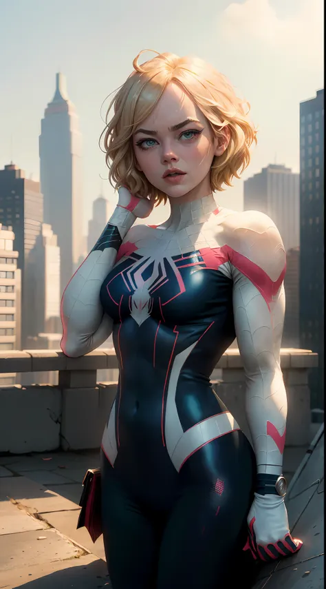 ((young emma stone)), ((gwen stacy)), (masterpiece, 4k resolution, ultra-realistic, very detailed), (white superhero theme, char...