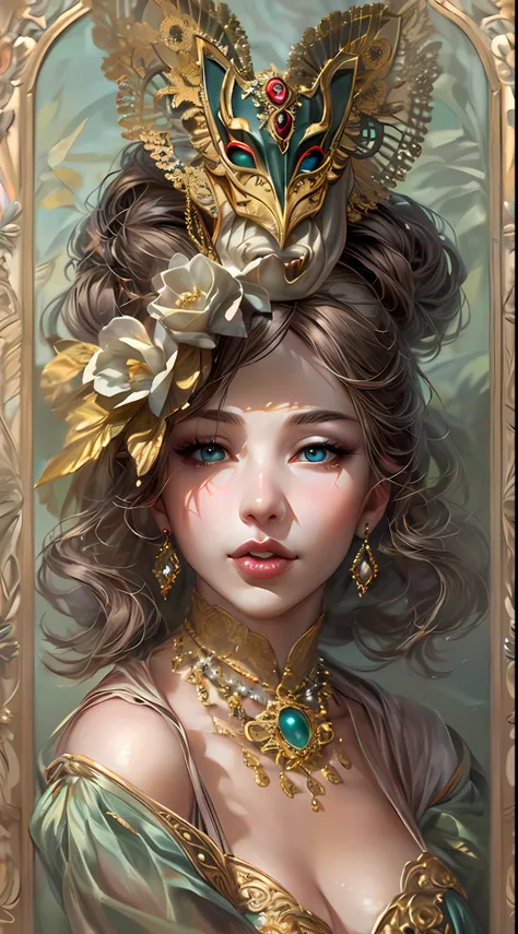 Generate a proud, beautiful woman from the 18th century wearing a stunning and intricately detailed silk ballgown adorned with lace and jewels. She is in the midst of an elegant masquerade ball at Versailles and is surrounded by music, royal decor, and exp...