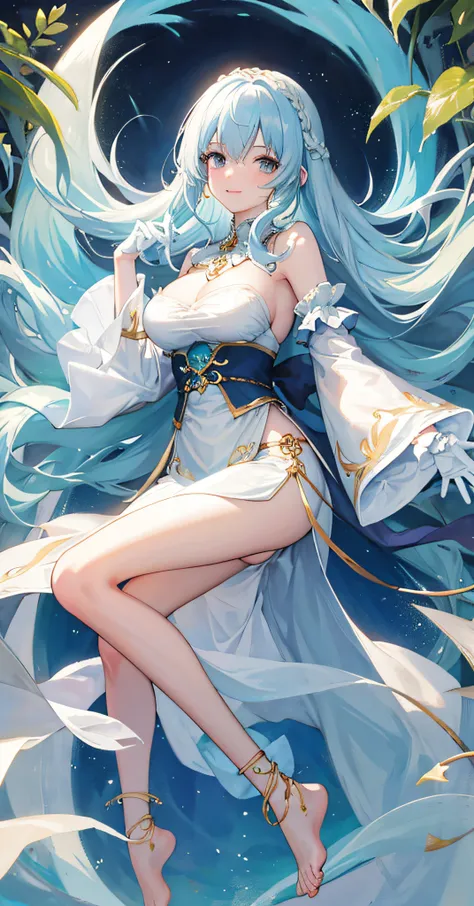 aquarelle, 1girll, The barefoot, long whitr hair,delicate leg,White gloves,ssmile,big breasts enchanting, 独奏, Anklets, hair adornments, jewely, Separate sleeves, lightblue hair.