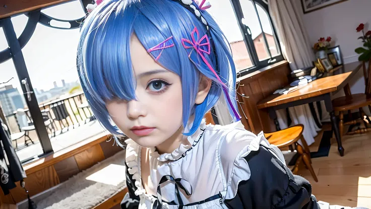 real girl with blue hair and a white blouse in a room, rem rezero, short blue haired woman, anime moe artstyle, loli, 8k!, rin, ...