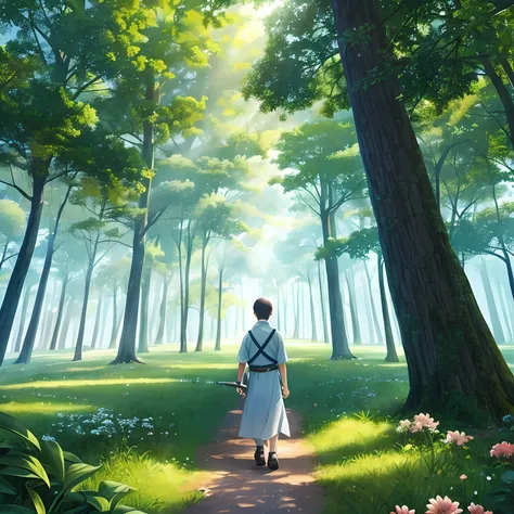 A little boy carries a sword on his back,Like a knight