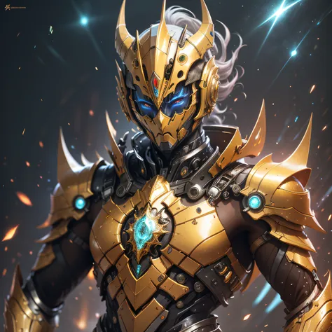 half body image, bioluminic, gold galactic cybernetic mask, gold power ranger armor style, sh4g0d,