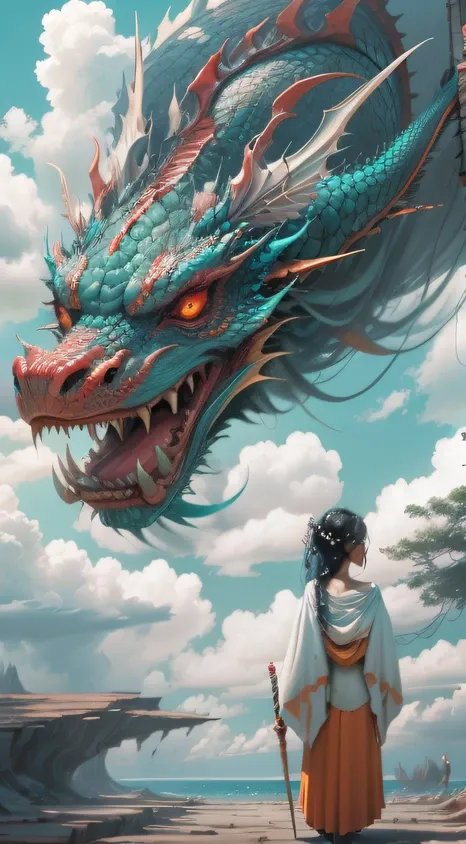 a cyan dragon, looking down at a little girl in red, the dragon's body guards the little girl, the proportion of the dragon's he...