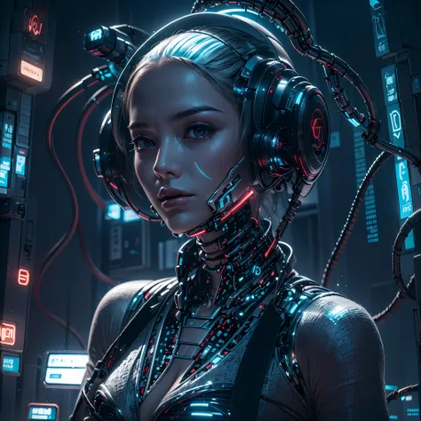 1girll，(cyber punk perssonage:1.3)，bring headphones，illuminated helmet and headphones，glowing jewelry，glowing earrings，glowing n...