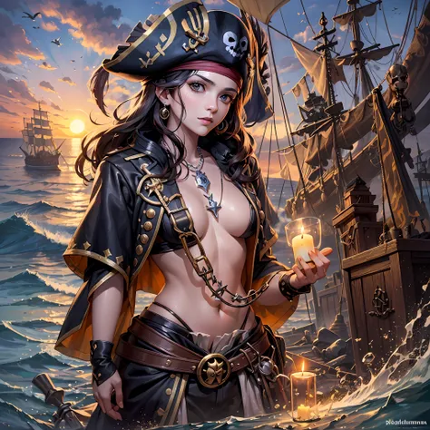 Pintura de um navio pirata no oceano com velas escarlate, navio pirata, navio pirata antigo, caveira em velas, bandeira com caveira, with a sunset in the background, arte detalhada da capa, paper awesome wallpaper, arte digital 4k altamente detalhada, Blac...