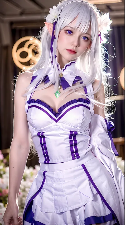 realistic, 1girl, white hair, purple eyes, glowing eyes, crop top, skirt, parted lips, blush, night, flowers, sun, sunlight, masterpiece, top quality, high resolution, 1girl, best quality, highres, ultra-detailed, Emilia from Re:Zero, beach background, det...
