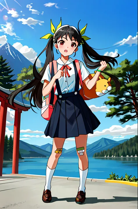 1girl in, Solo, Female, (Mayoi_Hachikuji Temple) Twin-tailed, (Red_Eyes), Flat_Chest, Standing, Looking at Viewer, full_Body, long_hair,
Green_bow ribbon, white_shairband, Bracelet, School_uniform, white_Shirt, Black_Skirt, suspender_Skirt, Badge, Star, (H...