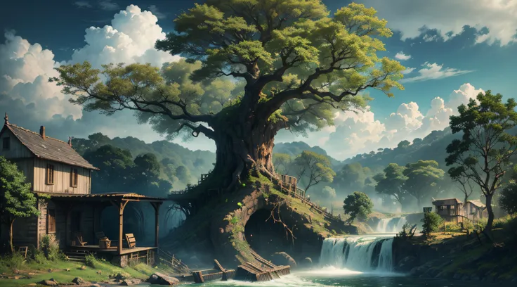 Gigantic colorful trees with many vines, palmeiras, coqueiro, fallen logs, a watermill with a waterwheel, moinho de vento, numa cachoeira exuberante, rio com grandes rochas hiper realista, sky with clouds, sol, lua, global ilumination, profundidade de camp...