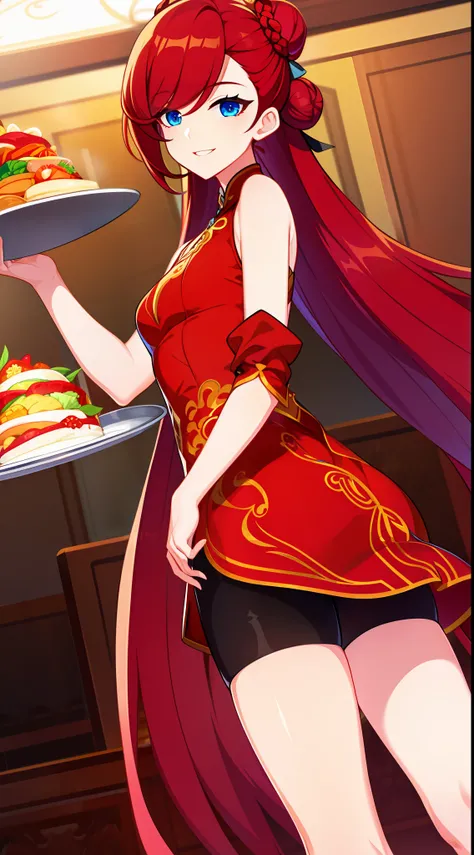 young girl, Long red hair, Two buns, smile, blue eyes, Chinese sleeveless dress, Shorts, A tray of food, Masterpiece, hiquality