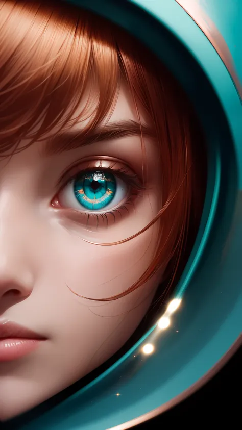 a character with turquoise eyes and copper hair, in the style of detailed atmospheric portraits, sparkling water reflections, hy...