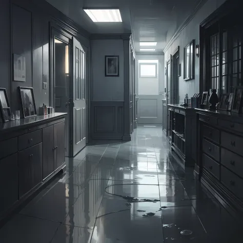 ((Very horror room landscape illustration)), masuter piece, Best Quality, ultra-detailliert, Hyper realistic, 16K resolution, Dark room, Water spills on the floor、There is a figure at the back of the room..