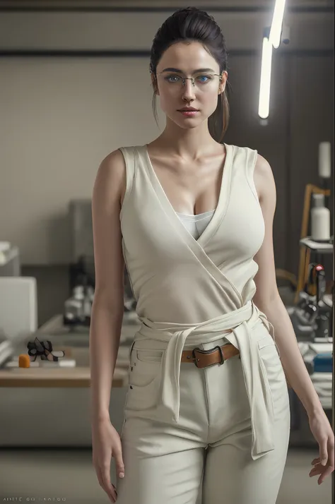 full-body photo of a (elegant) lady standing in studio laboratory, white top,cleavage,
work pants,cloth belt, glasses, closed mo...