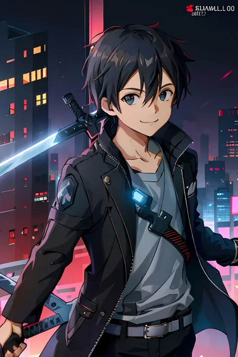 high res, kirito, solo, 1boy, smile, cyberpunk, cityscape, skyscraper, sword, light