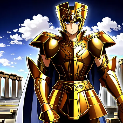 geminiarmor, gold armor, henry cavil as 1boy, armor, dramatic sky, looking at viewer, armor, closed mouth, upper body, serious, ...