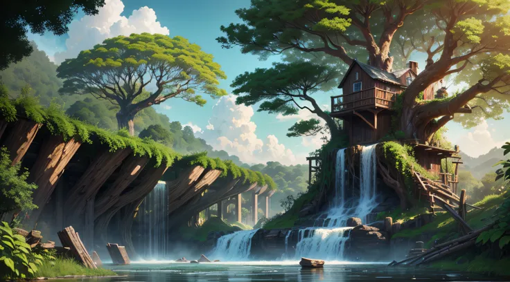 Gigantic colorful trees with many vines, palmeiras, coqueiro, fallen logs, a watermill with a waterwheel, moinho de vento, numa cachoeira exuberante, rio com grandes rochas hiper realista, sky with clouds, sol, lua, global ilumination, profundidade de camp...