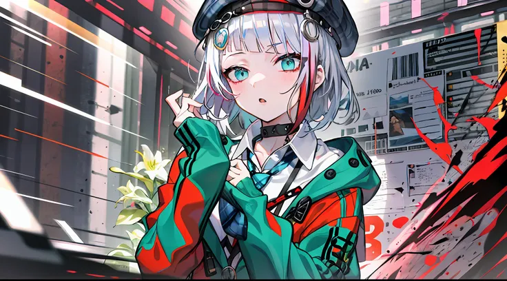 best quality, masterpiece, 1girl, solo,  red gradient streaked hair, short hair, white hair, lily (wacca), black beret, plaid sk...