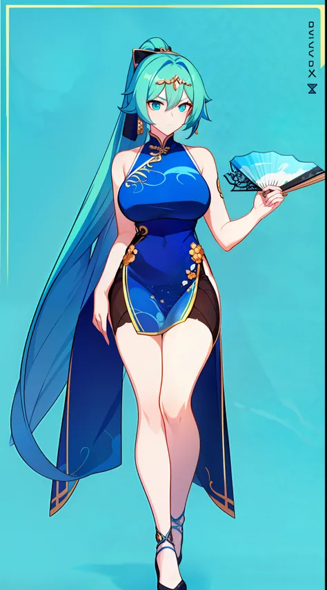 Tall girl, long blue hair, high ponytail, Cyan eyes, Rich Chinese sleeveless dress, fan, A serious look, Masterpiece, hiquality