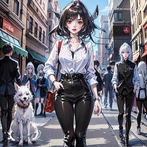 Anime girl walking on city streets in white shirt and tight trousers, style of anime4 K,, anime moe art style, Anime visuals of beautiful girls, 4k manga wallpapers, Anime art wallpaper 8 K, High cold anime royal sister, 4K anime wallpaper, Kantai collecti...