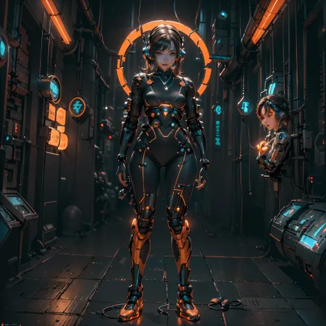 1girll，(cyber punk perssonage:1.3)，bring headphones，illuminated helmet and headphones，glowing jewelry，glowing earrings，glowing n...