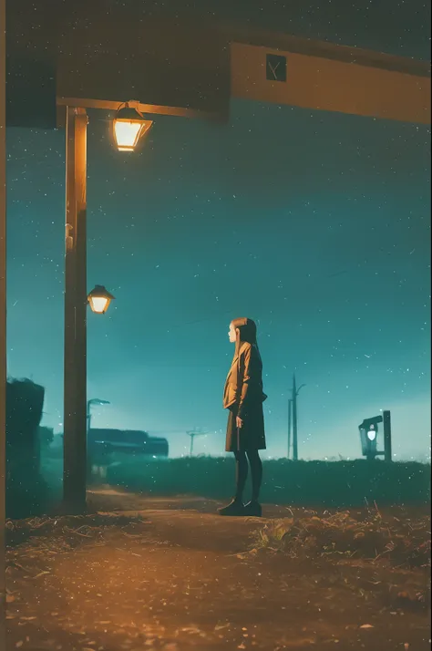 a girl standing alone in front of an old, shabby, unlit transit station in a deserted countryside on a dark night, film grain, depth of field, analog film style, vivid color, 1girl, slender body, full body, beautiful eyes, beautiful symmetrical face, ponyt...