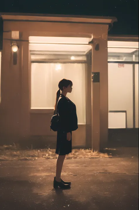 a girl standing alone in front of an old, shabby, unlit transit station in a deserted countryside on a dark night, film grain, depth of field, analog film style, vivid color, 1girl, slender body, full body, beautiful eyes, beautiful symmetrical face, ponyt...