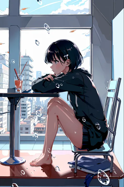 linear art, 
1girl in, solo, short hair, black hair, long sleeves, sitting, barefoot, indoors, hoods, bare legs, phone, the tabl...